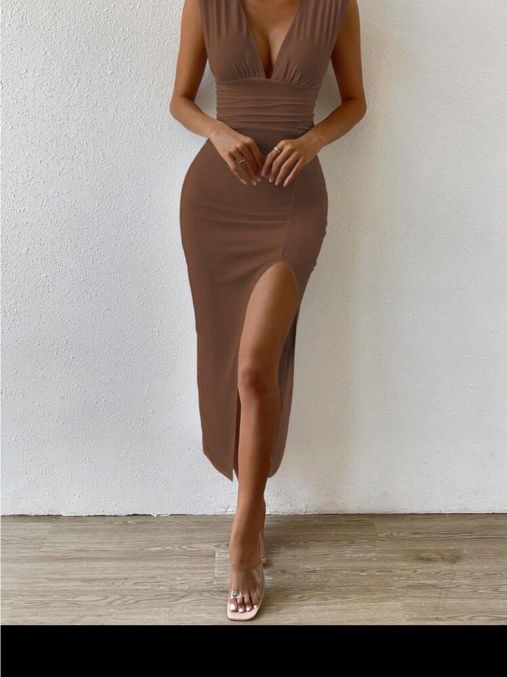 Brown High-Slit dress - Sleek Figure-Hugging Design